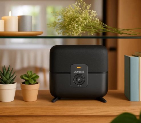Box internet posée sur une étagère de salon